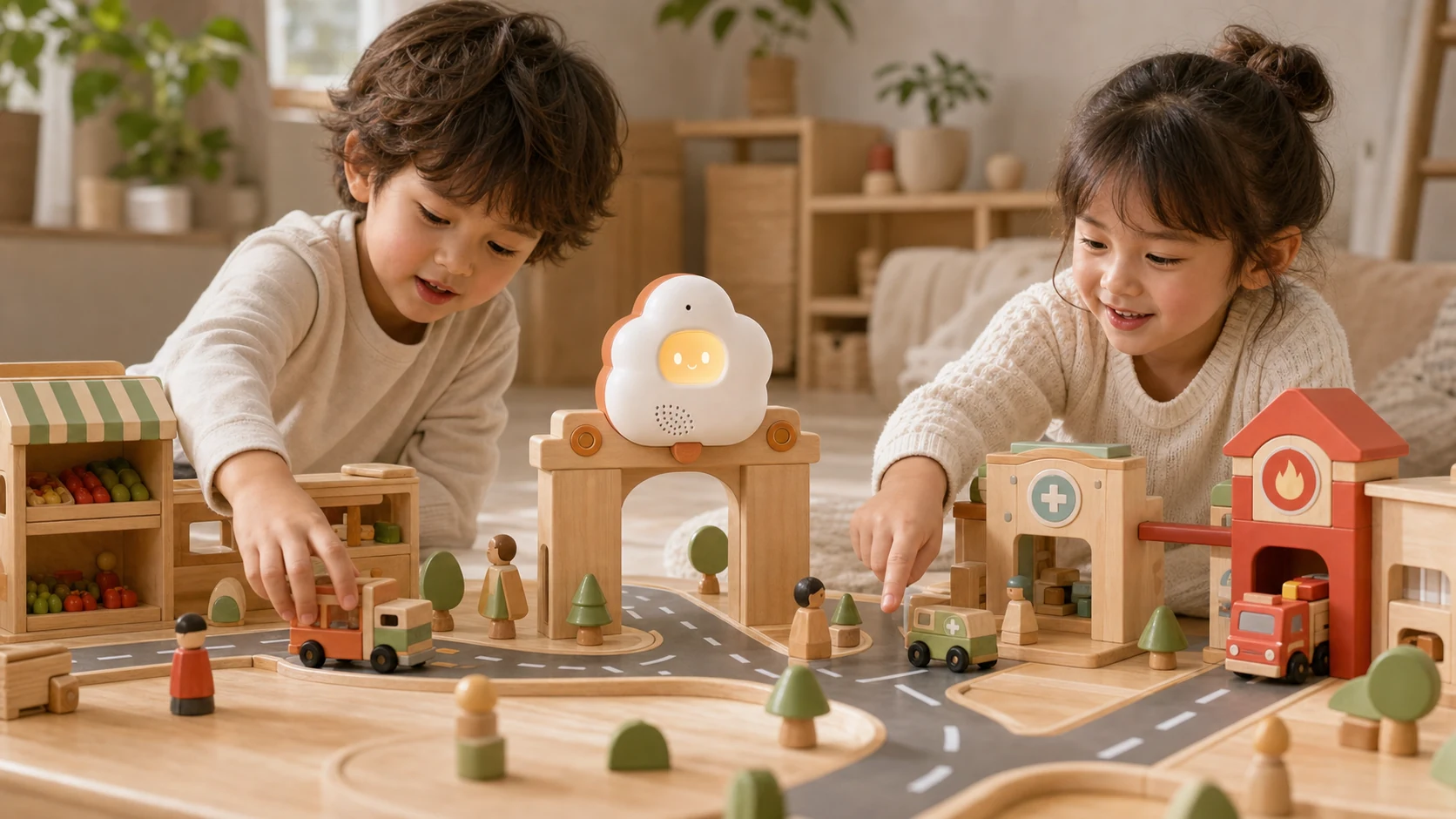 Concept visualization of a pretend-play story moving from a wooden market to a road, clinic and fire station with Xiaoran.