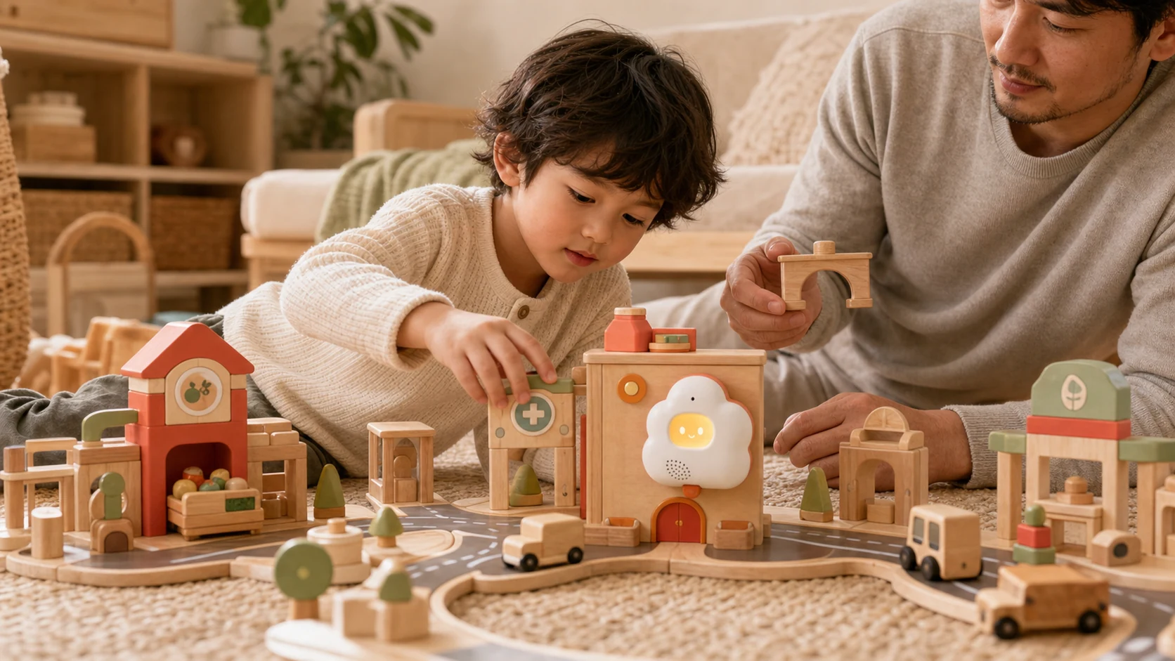 Concept visualization of a child and parent building a modular wooden play town together with Xiaoran nearby.