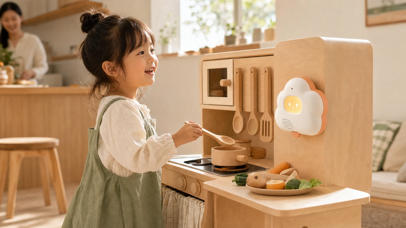 Concept visualization of a child using Xiaoran during imaginative play in a warm wooden toy kitchen.