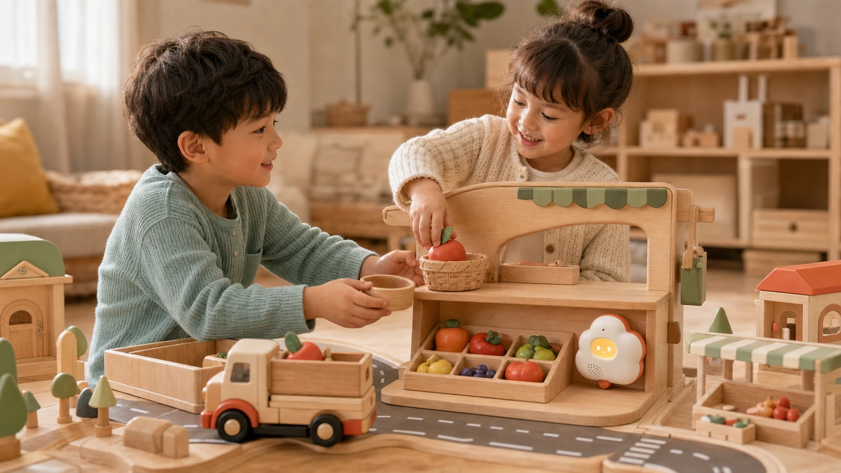 Concept visualization of children sharing a wooden grocery-market role-play scene supported by Xiaoran.