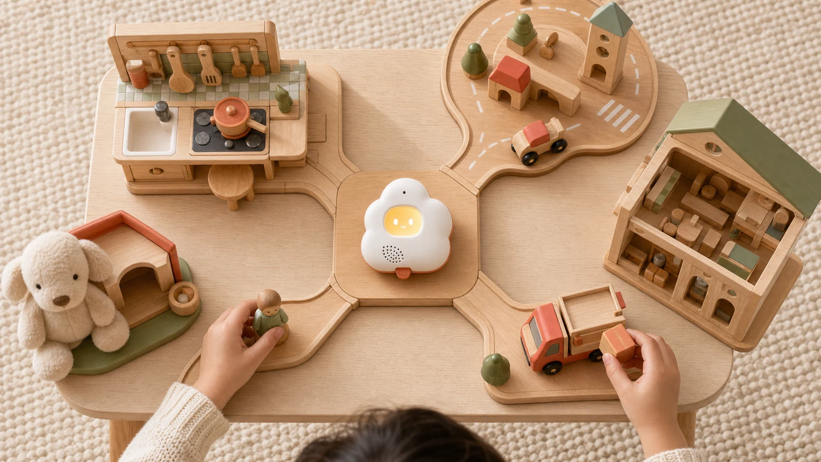 Concept visualization of Xiaoran connecting kitchen, town, dollhouse, vehicle and plush-toy play into one story world.
